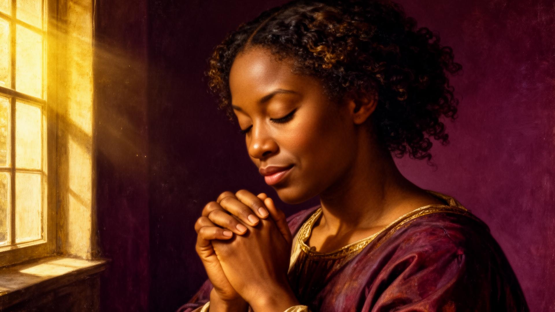 A Black woman in quiet prayer, bathed in warm golden light